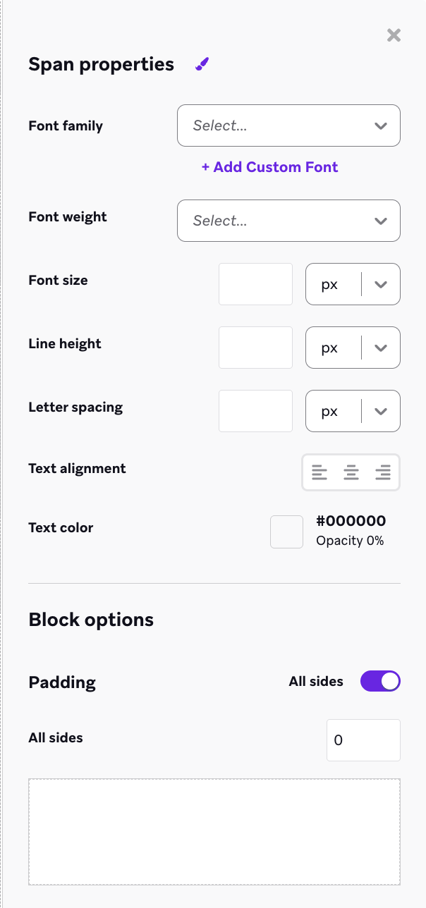 Span properties panel with different options to update.