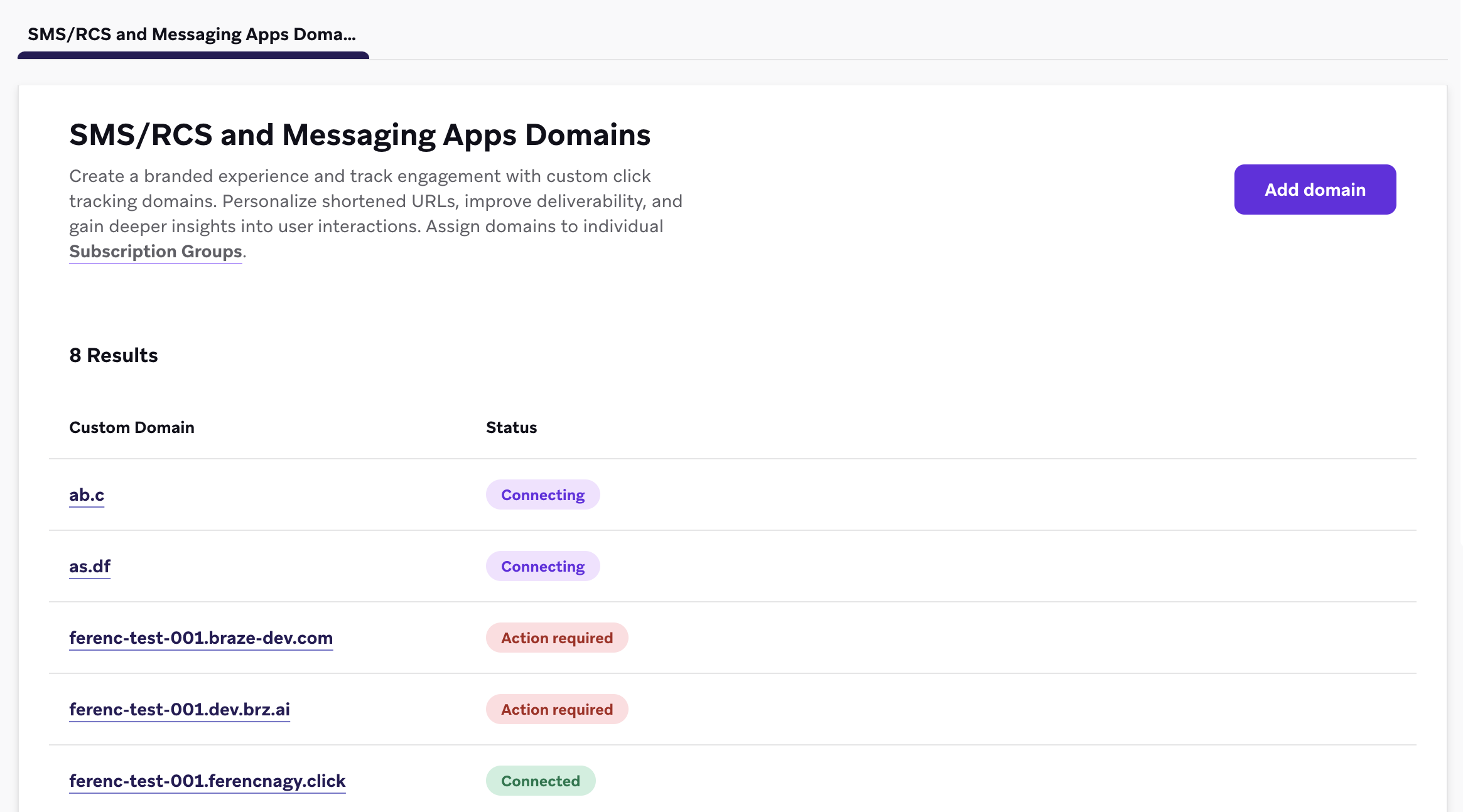 "SMS/RCS and Messaging Apps Domains" page with several domains listed.