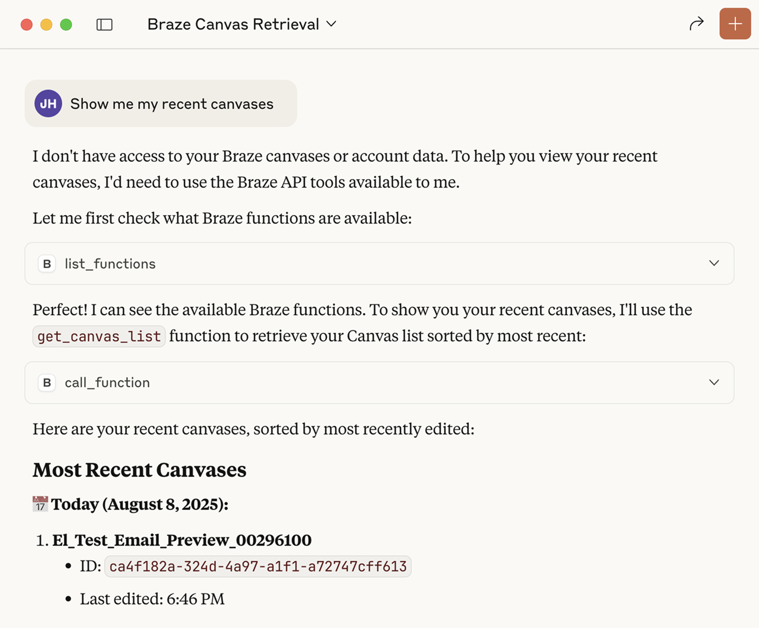 'Show my recent canvases' being asked and answered in Claude.