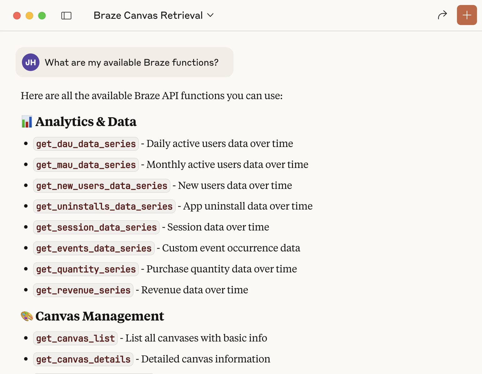 'What are my available Braze functions?' being asked and answered in Claude.
