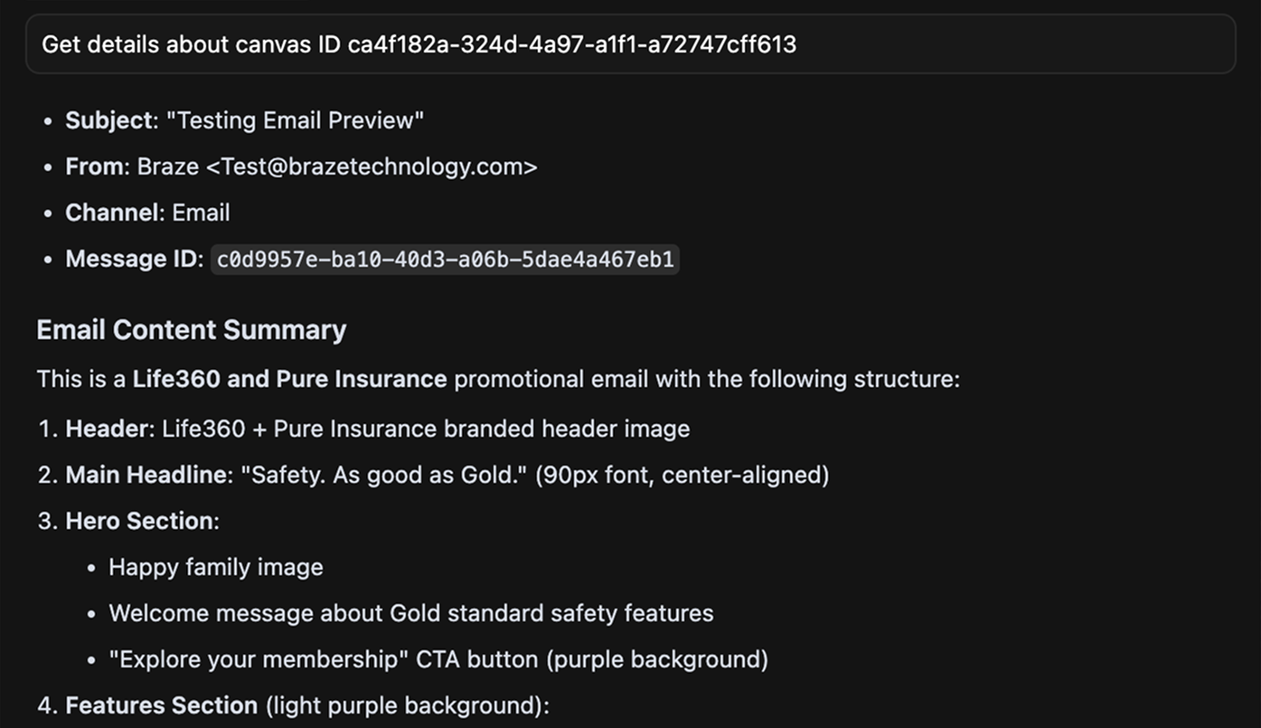 'Get details about a canvas ID' being asked and answered in Cursor.