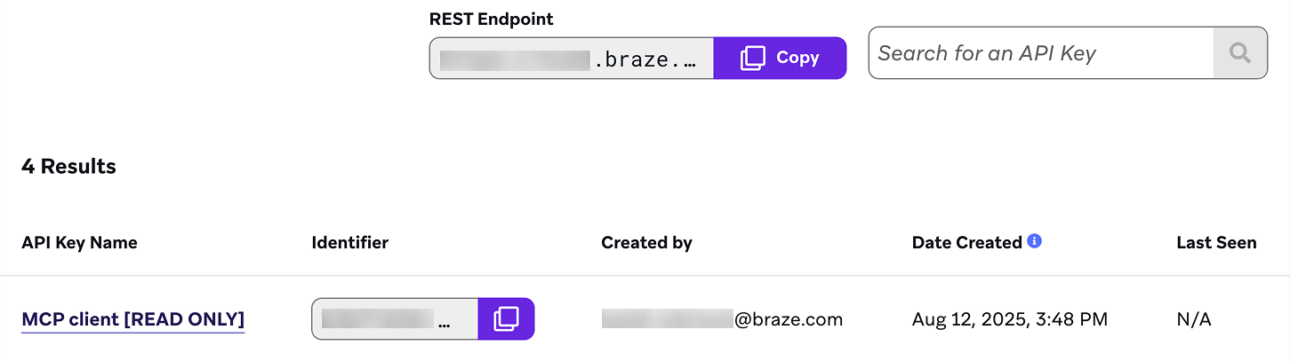 The 'API Keys' in Braze showing a newly created API key and the user's REST endpoint.