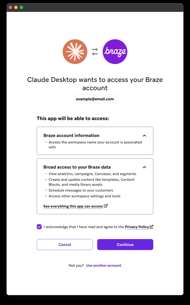A tela de consentimento da Braze mostrando que o Claude Desktop está solicitando acesso às informações da conta Braze e acesso amplo aos dados da Braze, com uma caixa de confirmação da Política de Privacidade e os botões Cancel e Continue.