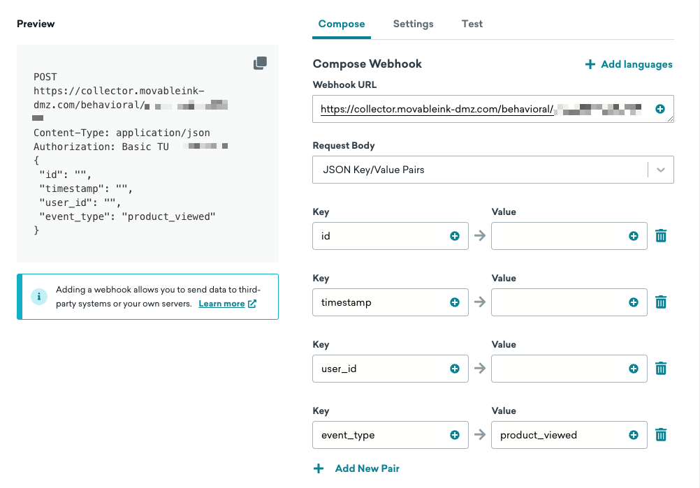 Guia de composição do criador de webhook na Braze com pares de chave-valor JSON para ID, registro de data e hora, ID do usuário e tipo de evento.