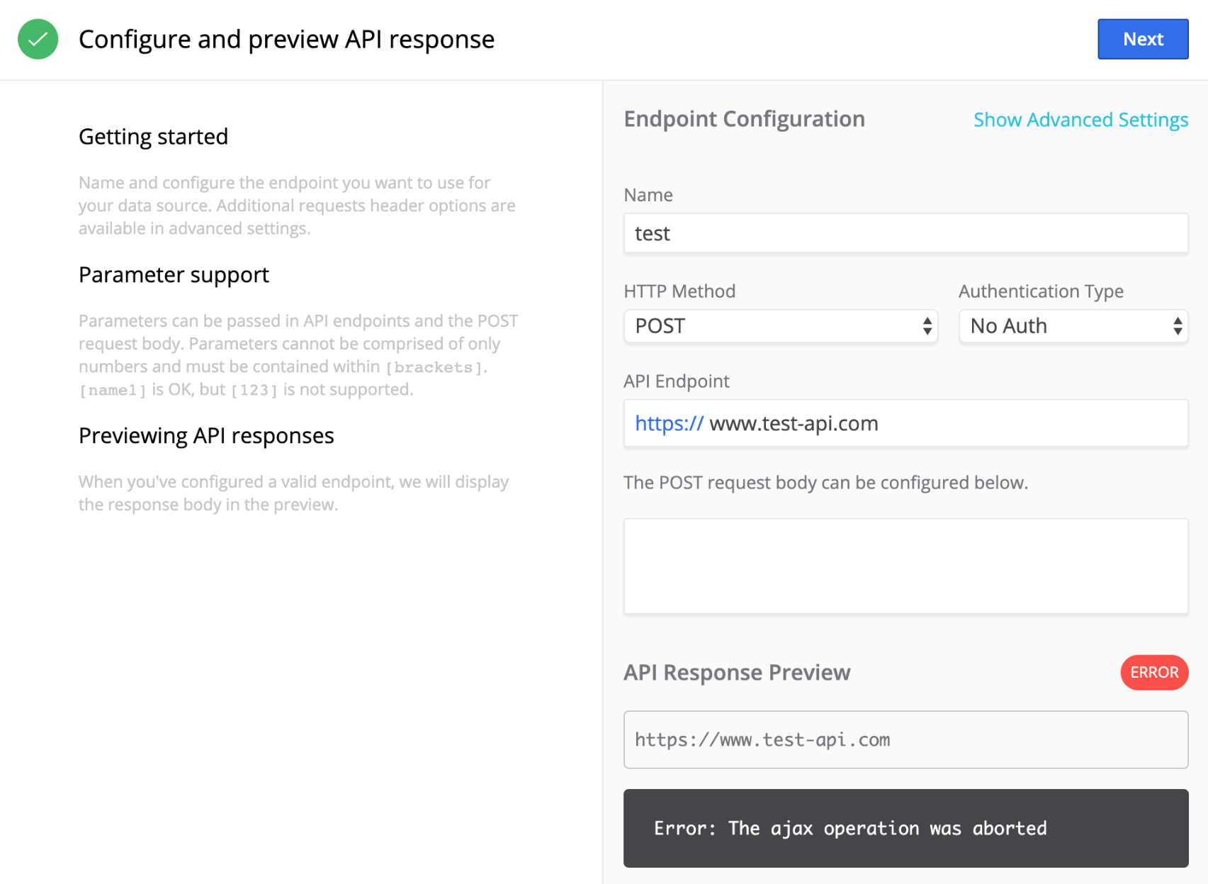 Os campos que serão exibidos ao selecionar "Integração de API" como sua fonte de dados