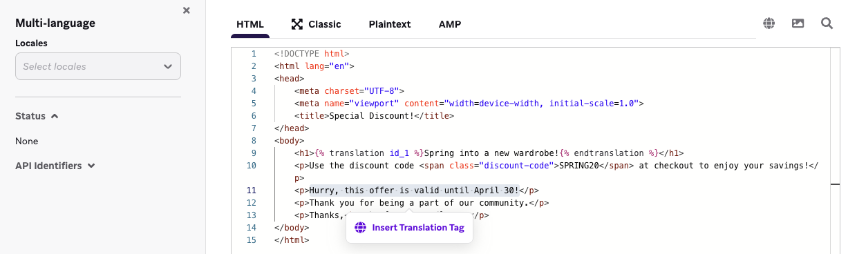 Editor de HTML com uma localização selecionada.