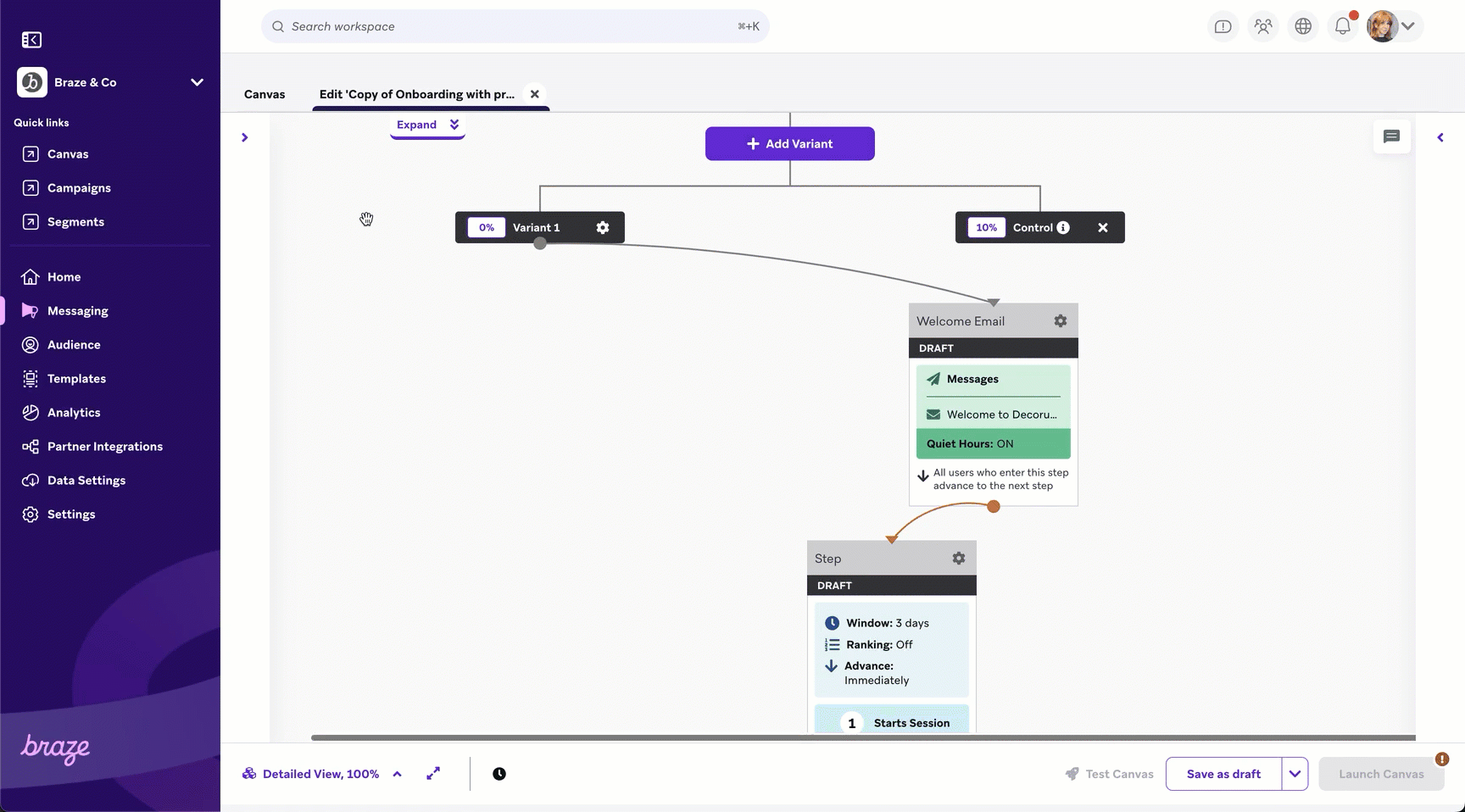 O usuário expande e recolhe o menu de navegação do lado esquerdo no Braze Canvas, alternando entre rótulos de texto completo e visualização somente de ícones.