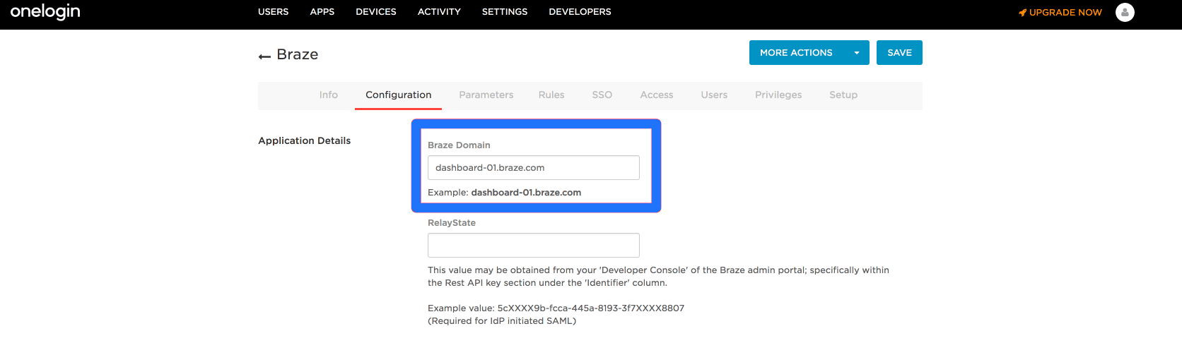 Guia Configuração do OneLogin para o aplicativo Braze.