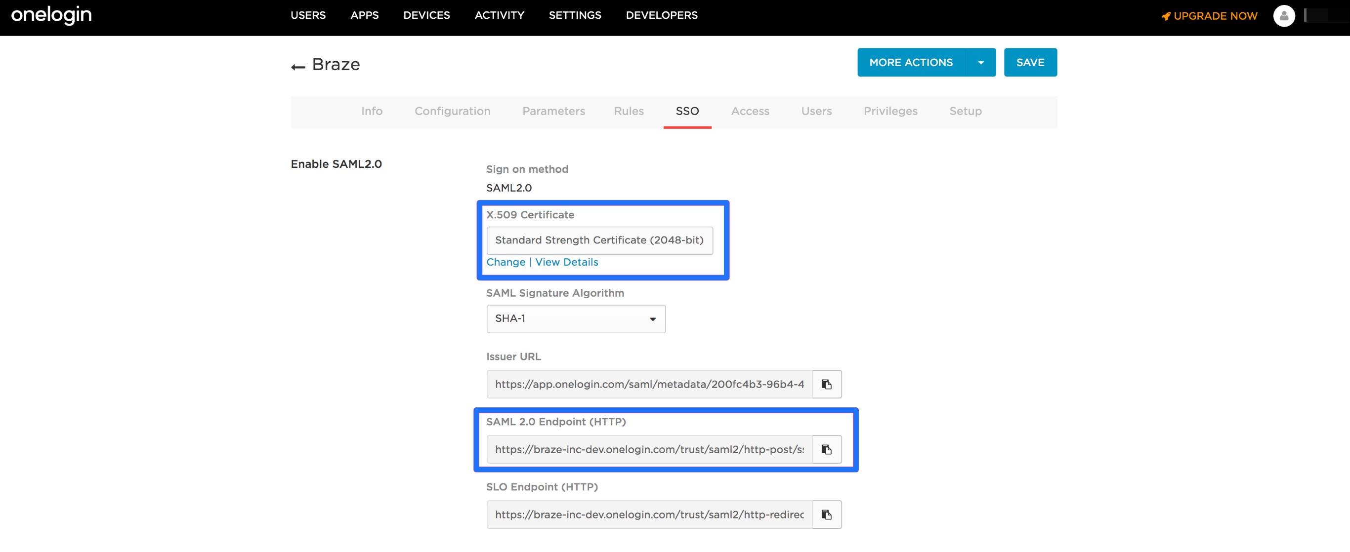 Certificados para copiar da guia SSO do app Braze no OneLogin.