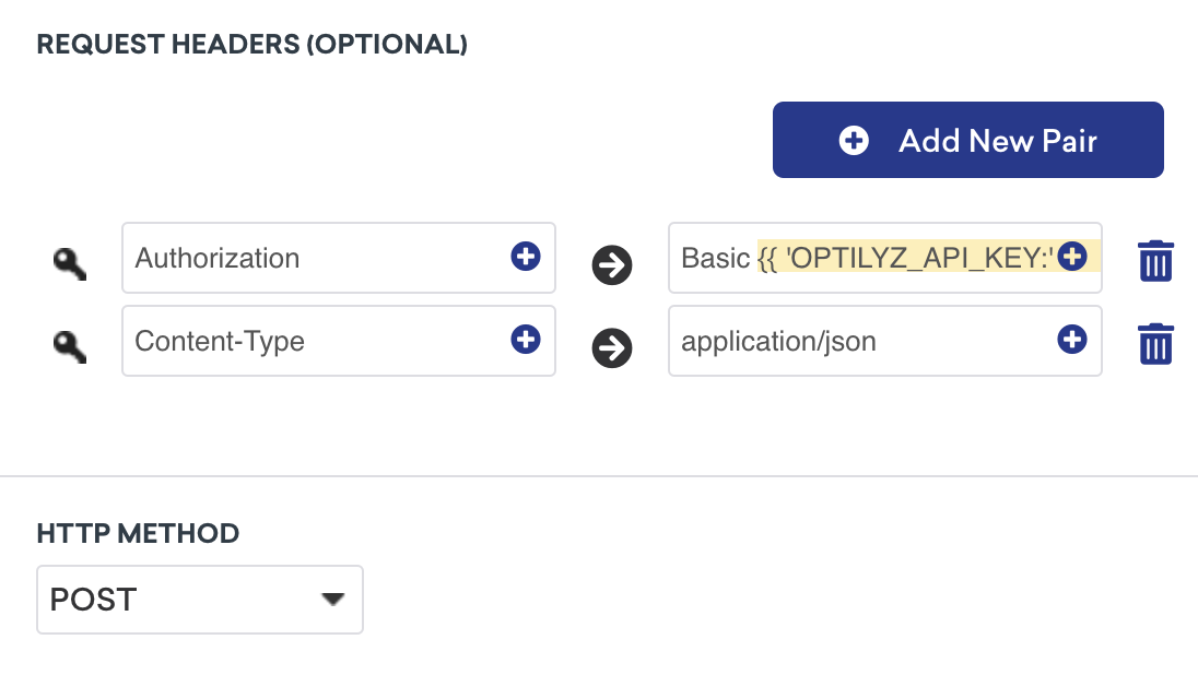 Os cabeçalhos de solicitação e o método HTTP mostrados no construtor de webhooks do Braze.