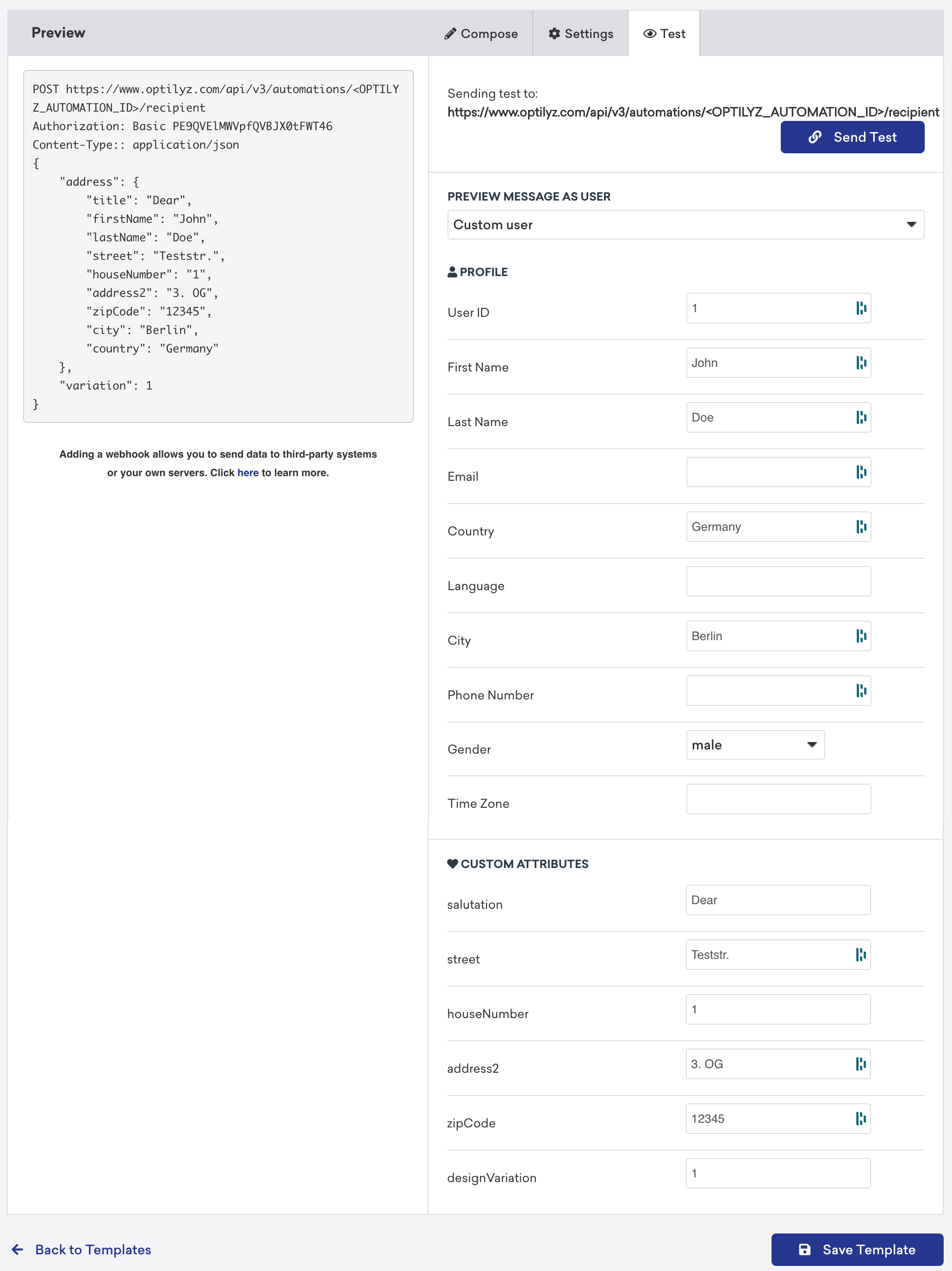 Diferentes campos de teste disponíveis na guia de teste do construtor de webhooks do Braze.