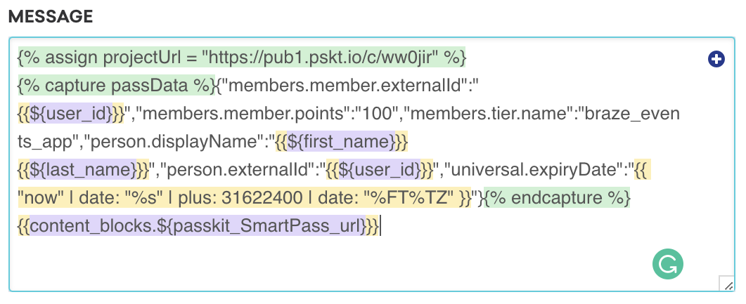 Uma imagem do criador de mensagens do bloco de conteúdo com o JSON capturado e a referência do bloco de conteúdo mostrada.