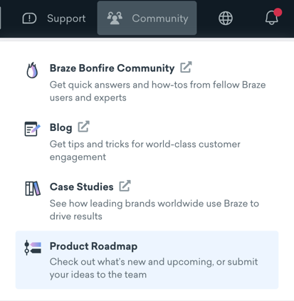 Menu de recursos no dashboard do Braze