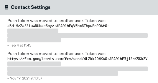 O changelog do token por push na guia **Engajamento** do perfil de um usuário, que lista quando o token por push foi movido para outro usuário e qual era o token.