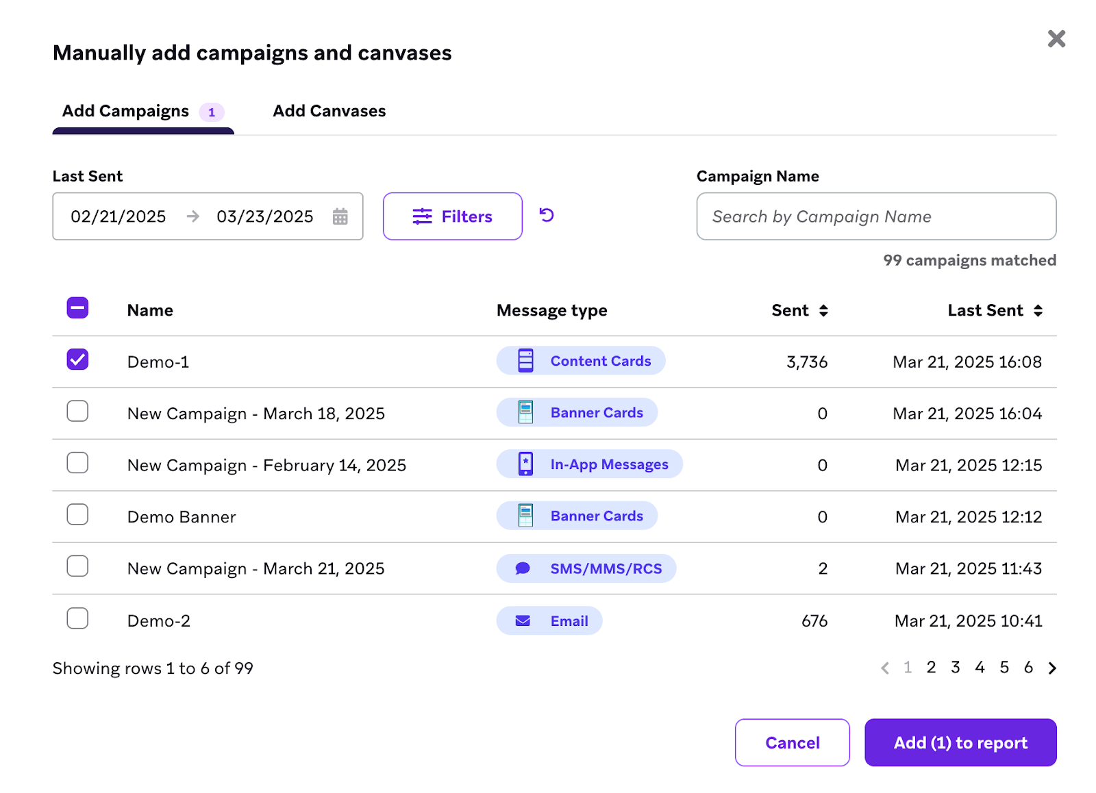 A seção "Manually add campaigns and canvas" (Adicionar campanhas e telas manualmente) com uma lista de campanhas a serem selecionadas.