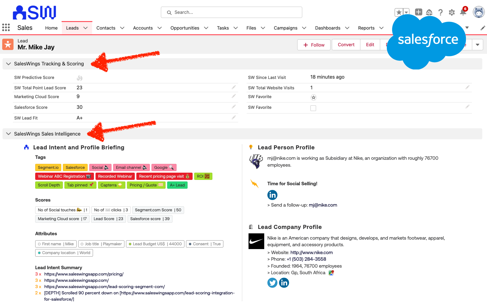 Exemplo de visualização de insights de vendas para representantes de vendas no Salesforce (também disponível para outros sistemas CRM)