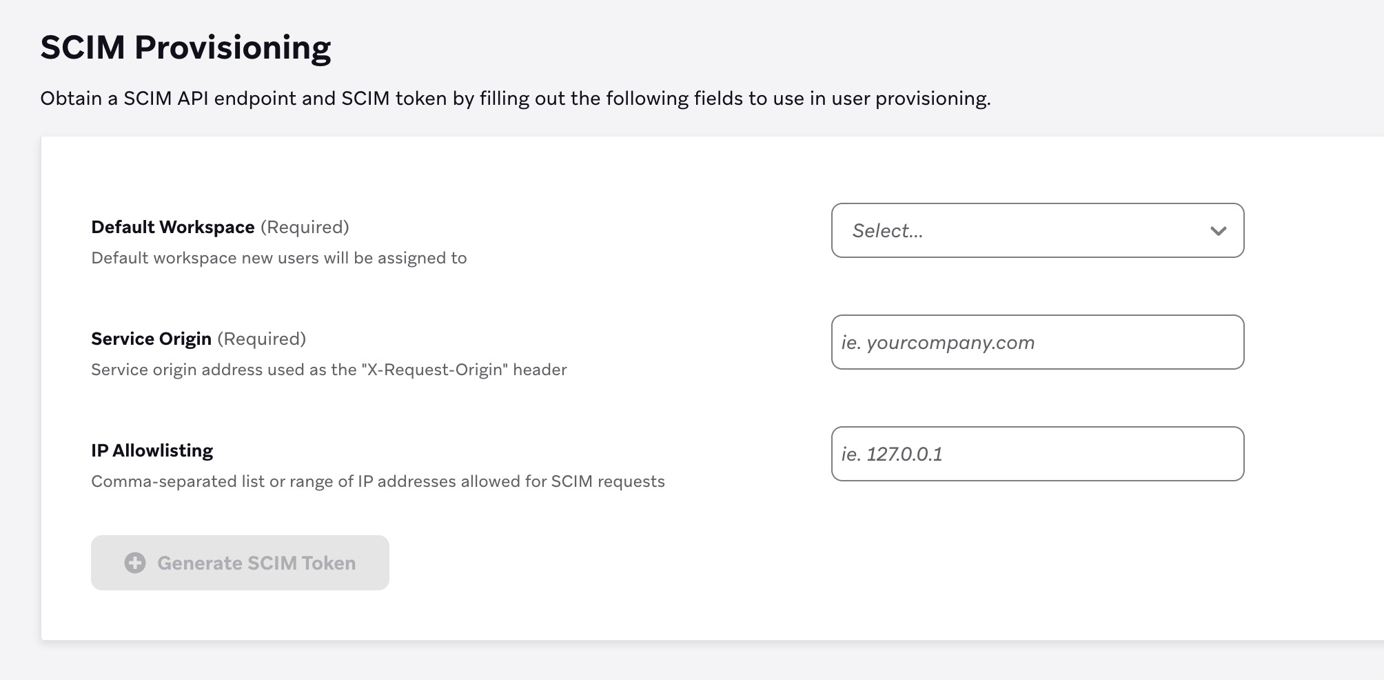 Formulário de configurações do SCIM Provisioning com três campos: Espaço de trabalho padrão, Service Origin e IP Allowlisting opcional. O botão "Generate SCIM Token" (Gerar token SCIM) está desativado.