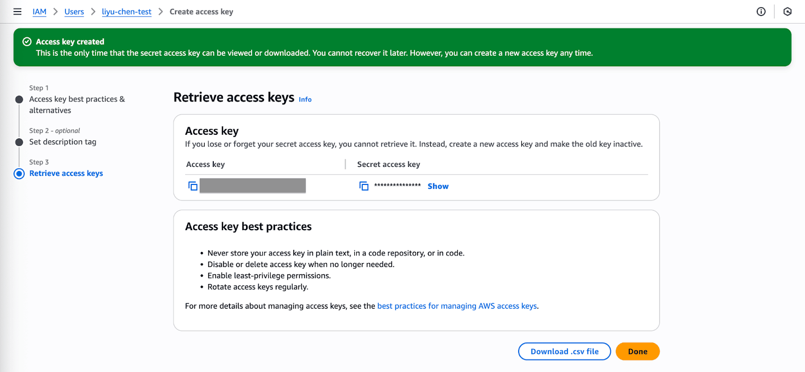 Campos contendo a chave de acesso e a chave de acesso secreta.