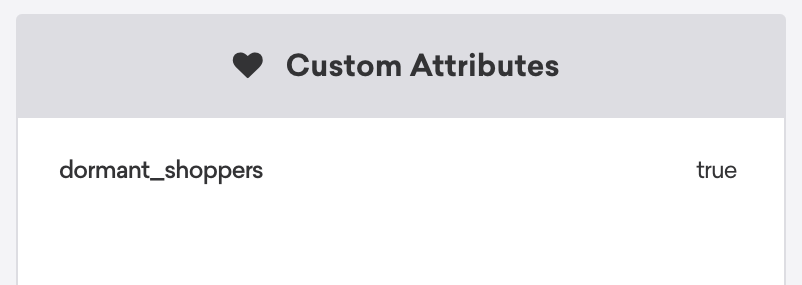 A seção de atributos personalizados em um perfil de usuário lista "dormant_shopper" como "true".