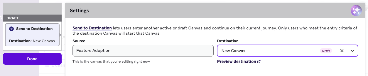 Uma etapa Enviar para Destino configurada para enviar usuários de um Canvas chamado "Feature Adoption" para "New Canvas".