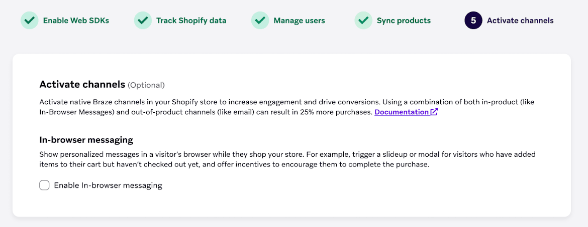 Etapa de configuração para ativar os canais, sendo que a opção disponível é o envio de mensagens no navegador.