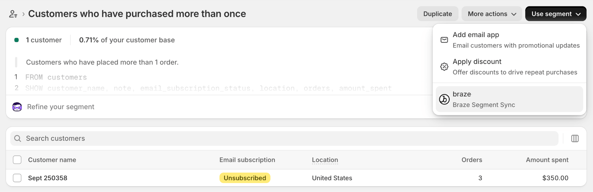 Página de detalhes do segmento com um menu suspenso "Use segment" que possui a opção "Braze Segment Sync".