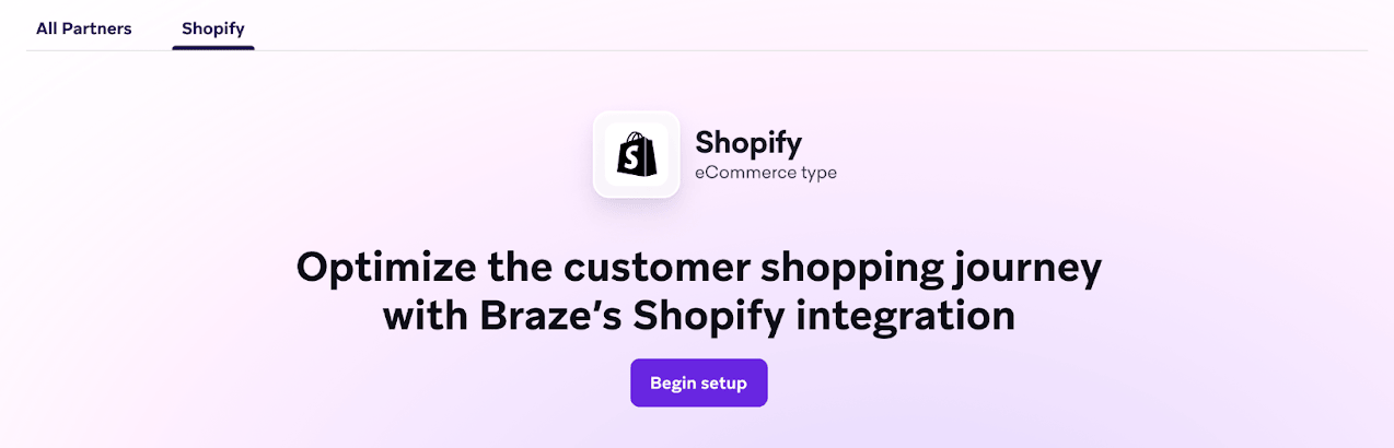 Página de configuração da integração com o Shopify no dashboard da Braze.