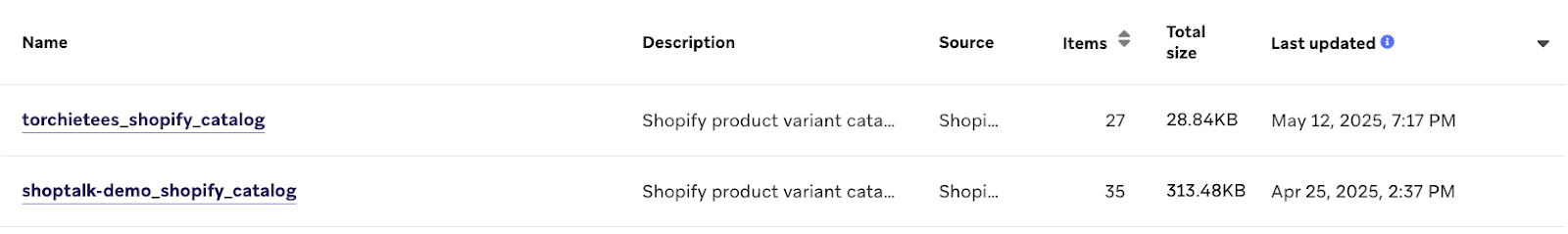 Catálogos da Shopify com o nome da loja Shopify em seus nomes.