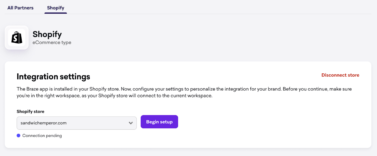 "Configurações de integração" com campo para inserir o domínio e um botão para iniciar a configuração.