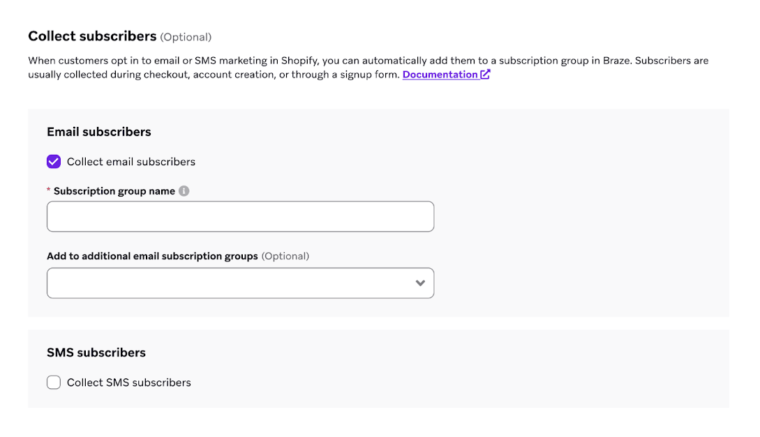 Seção "Coletar assinantes" com a opção de coletar aceitação de marketing por e-mail ou SMS.
