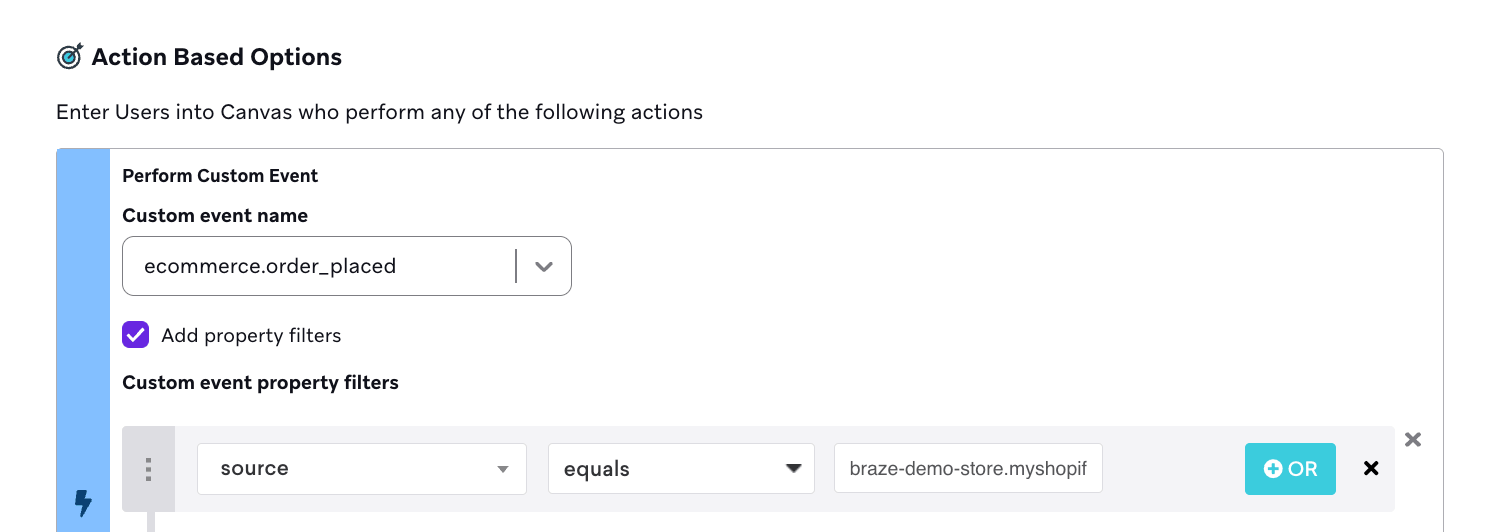 Um Canvas baseado em ação com um gatilho para inserir usuários que realizam o evento personalizado `ecommerce.order_placed`.