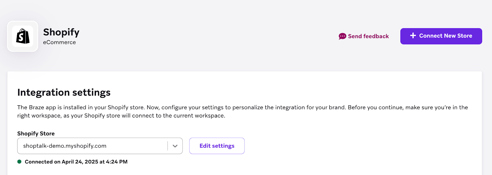 A seção "Integration settings" com um botão para "Begin setup".