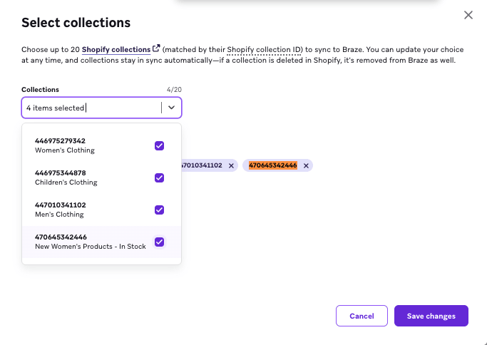 Modal para selecionar coleções, com um menu suspenso expandido que seleciona quatro coleções.