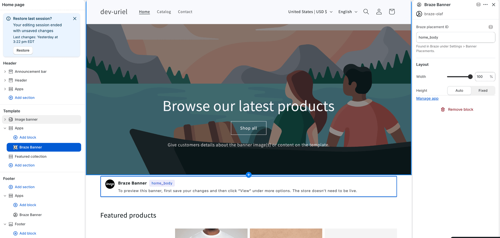 Editor de temas da Shopify com o menu Apps aberto e o bloco de app da Braze selecionado para adicionar um Banner.