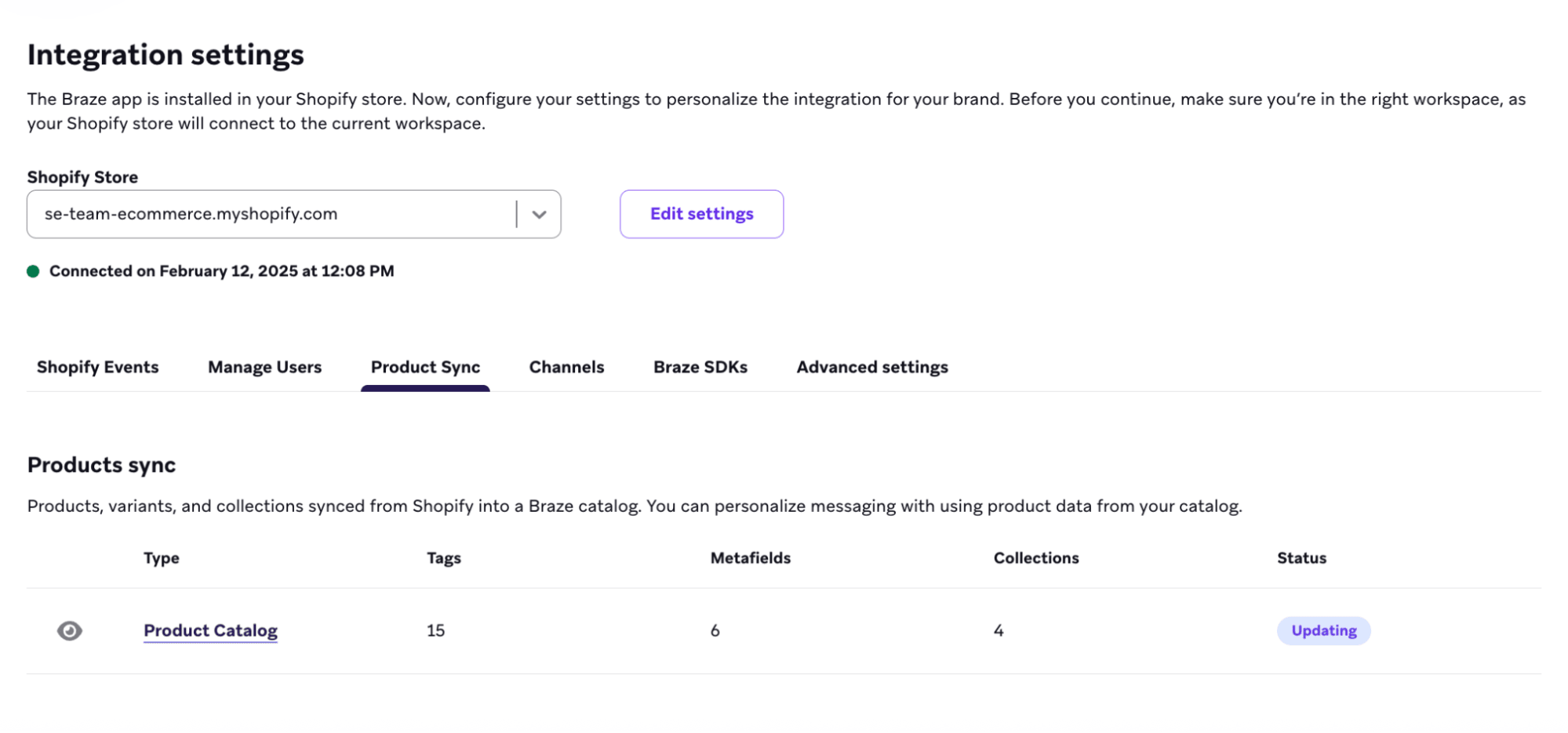 Página de configurações de integração com o status de sincronização de produtos.