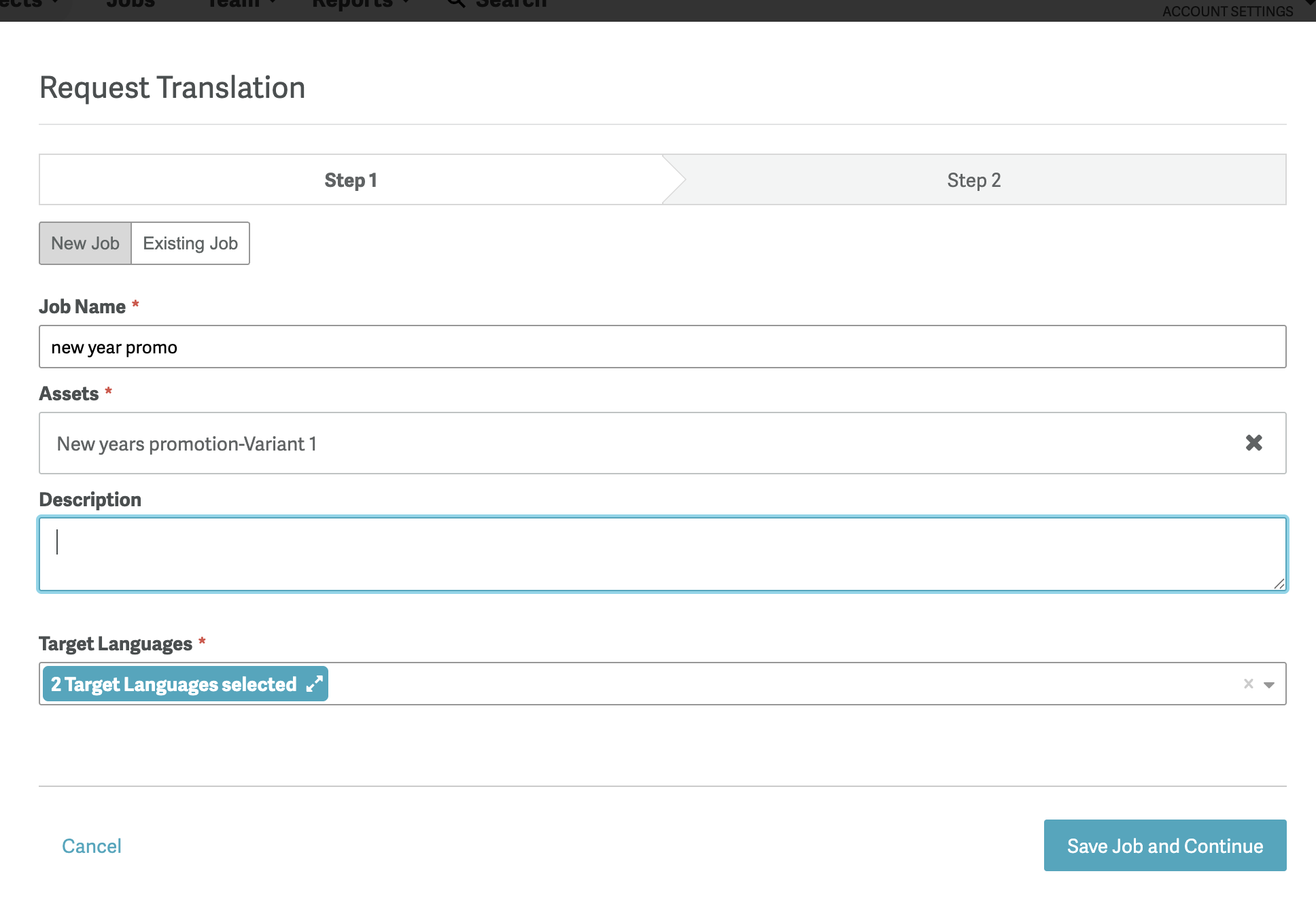 Crie um novo trabalho para a tradução.