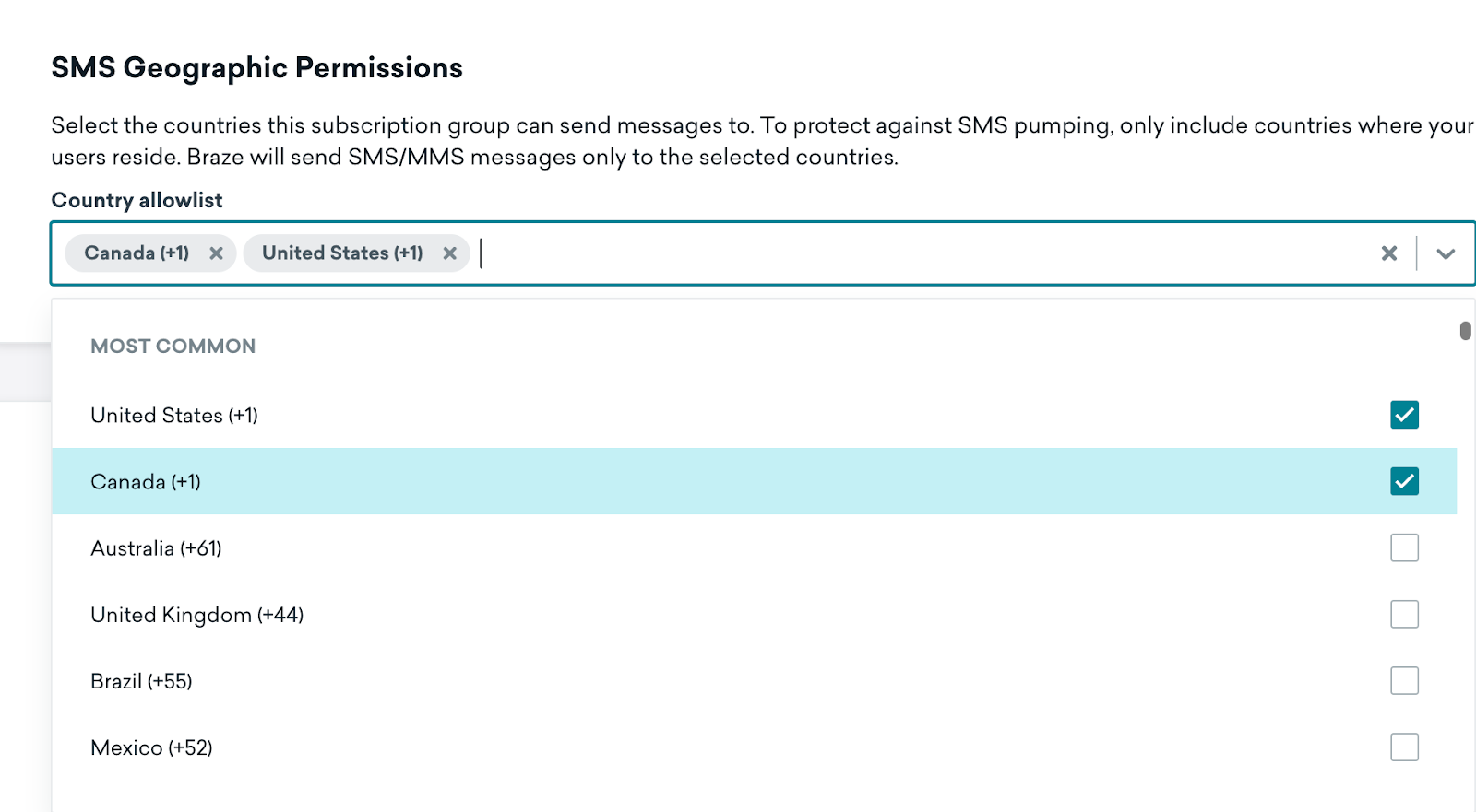 O menu suspenso "Lista de permissão de países" com os países mais comuns exibidos na parte superior.