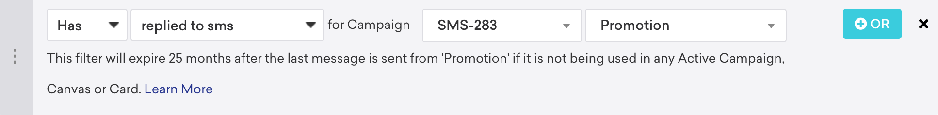 Campanha com o filtro "Has replied to SMS" para a campanha "SMS-283" "Promotion". No filtro, o recurso menciona "Este filtro expirará 25 meses após o envio da última mensagem da "Promoção" se não estiver sendo usado em nenhuma campanha ativa".