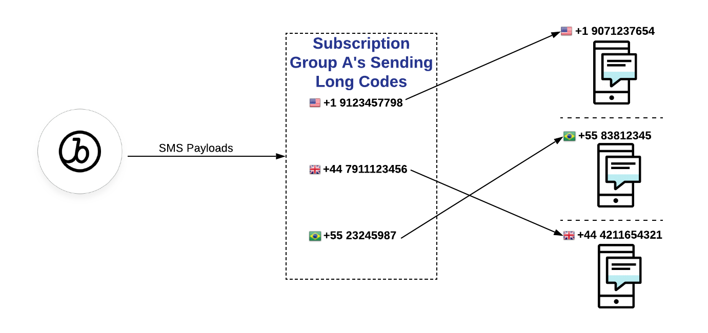 As cargas úteis de SMS são enviadas usando o mesmo código de país do número de telefone do usuário-alvo.