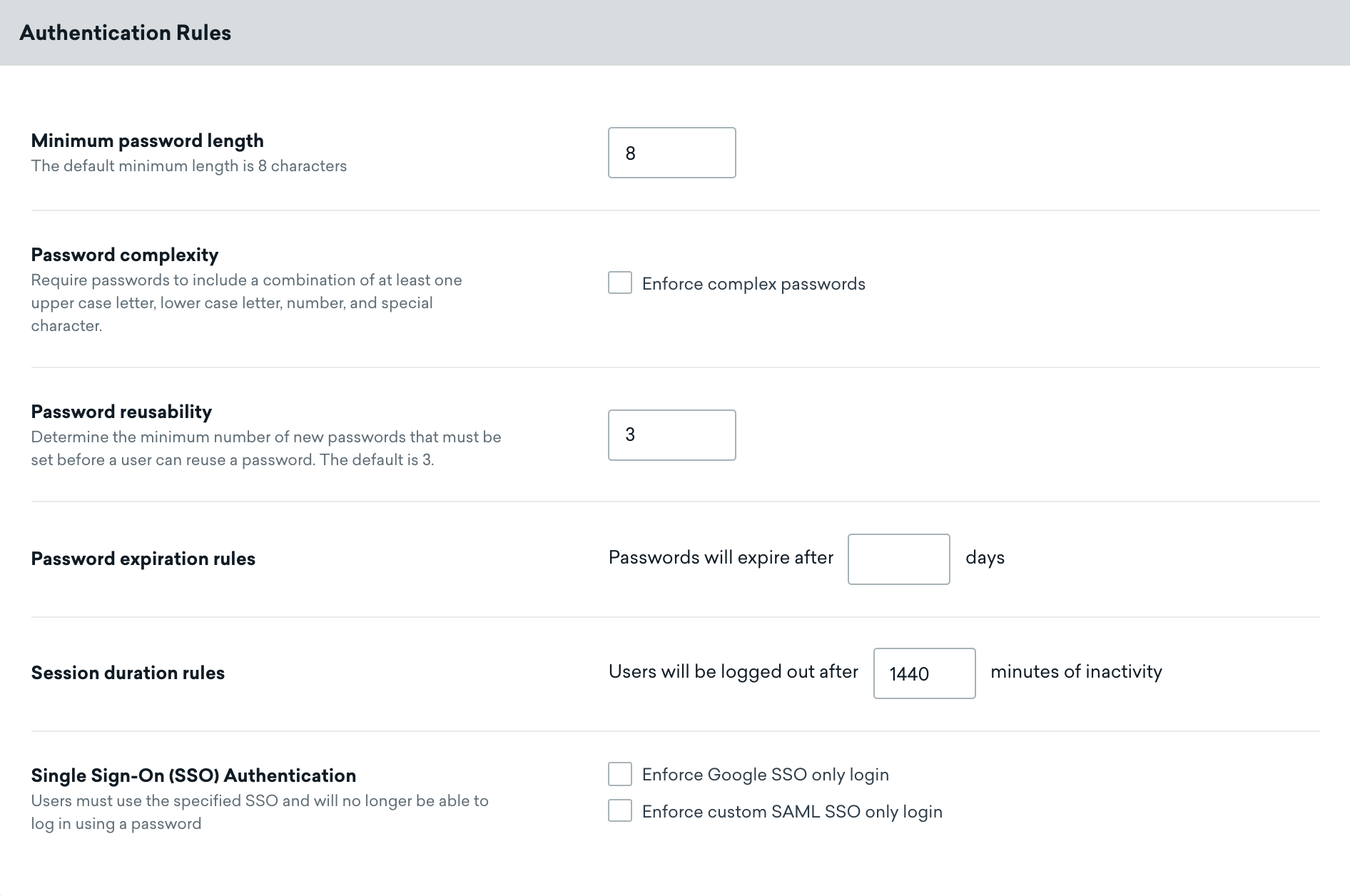 Seção Authentication Rules (Regras de autenticação) da página Security Settings (Configurações de segurança)