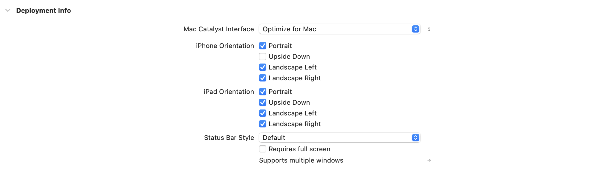 Orientações suportadas no Xcode.