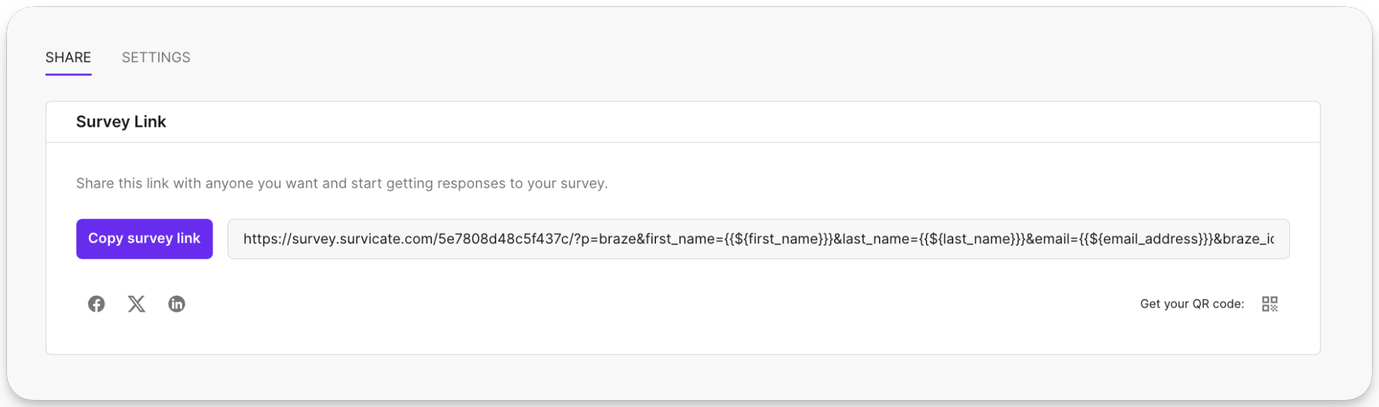 Pegue um link para seu questionário no botão Copiar link do questionário.