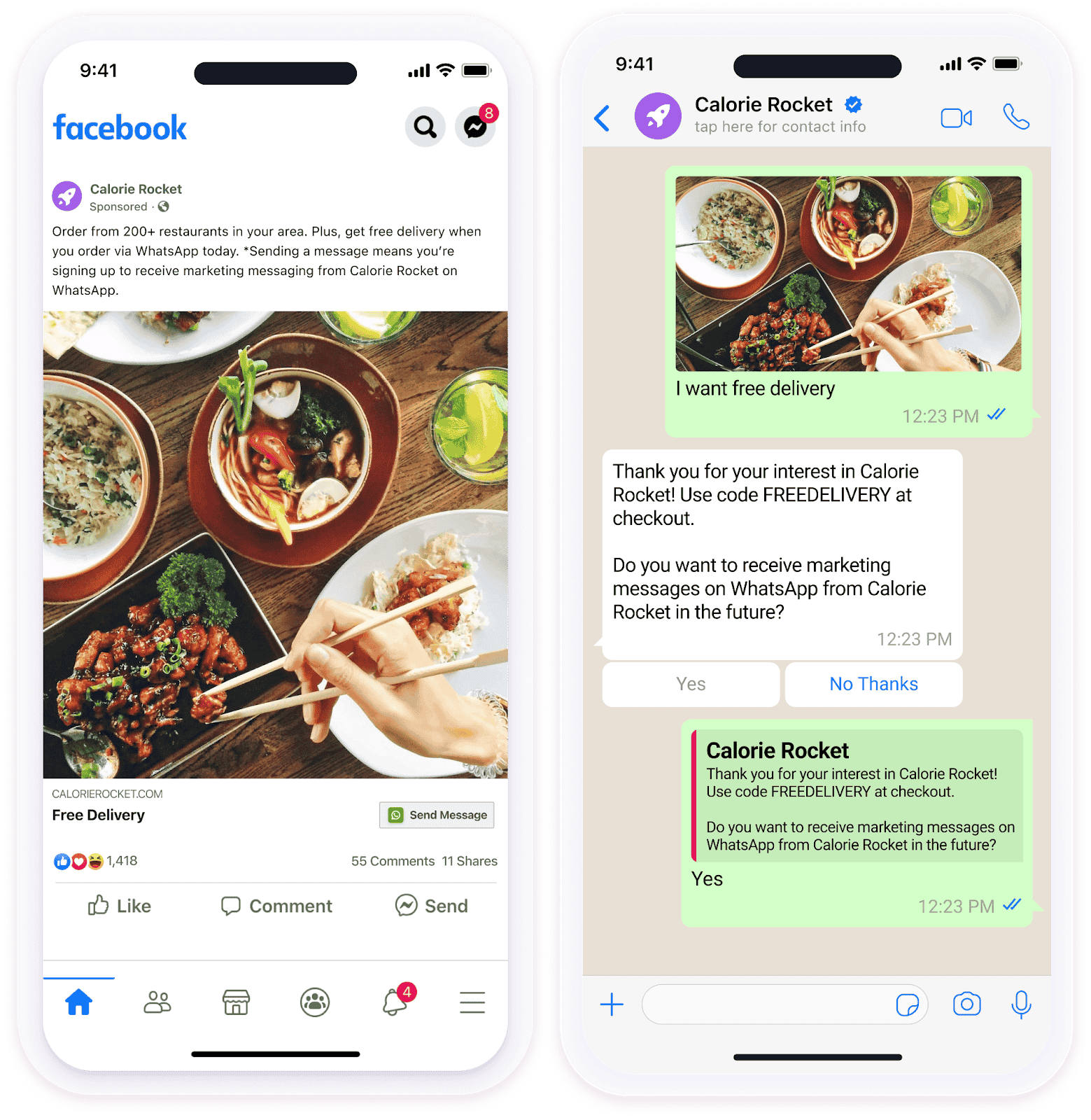 Um anúncio do Facebook da Calorie Rocket que anuncia entrega grátis, e a respectiva conversa no WhatsApp que ocorre quando um usuário seleciona o botão do anúncio.