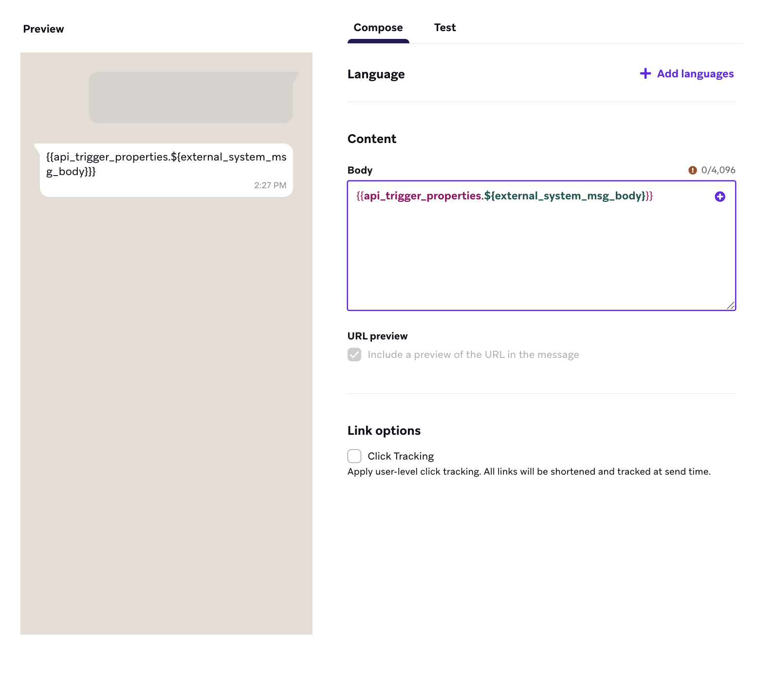Criador de mensagem com corpo de mensagem que contém propriedades de disparo.