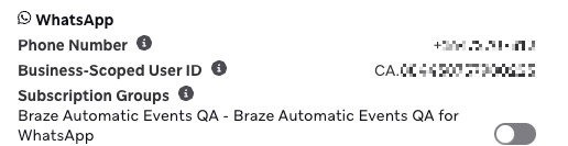 Perfil de usuário com uma seção do WhatsApp contendo o ID de usuário com escopo de negócio.