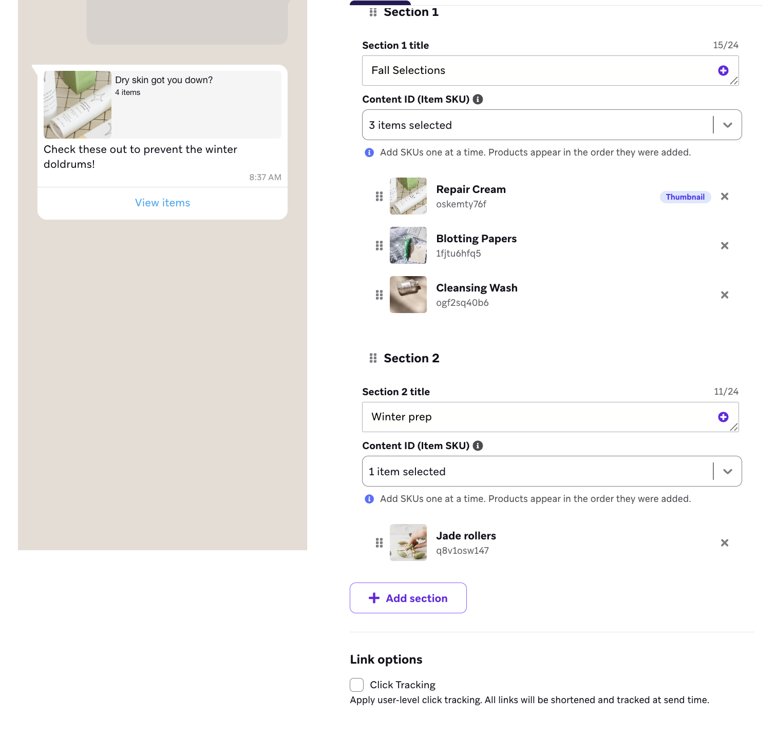 Exemplo de mensagem de produto Meta com informações preenchidas para os produtos.