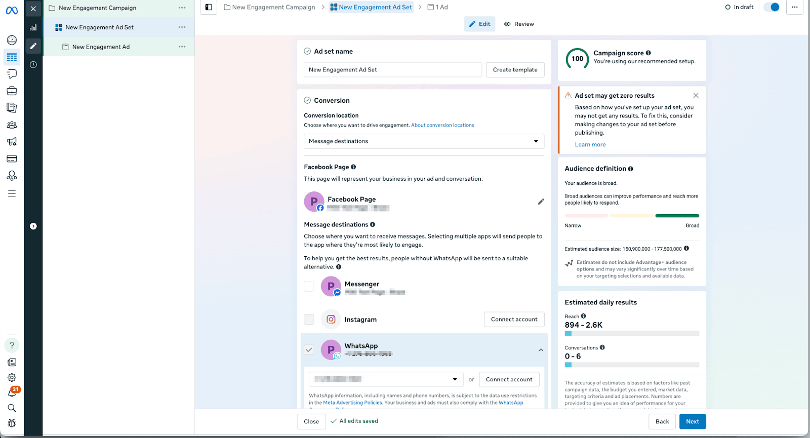 Ads Manager com um criador para criar um anúncio de engajamento.