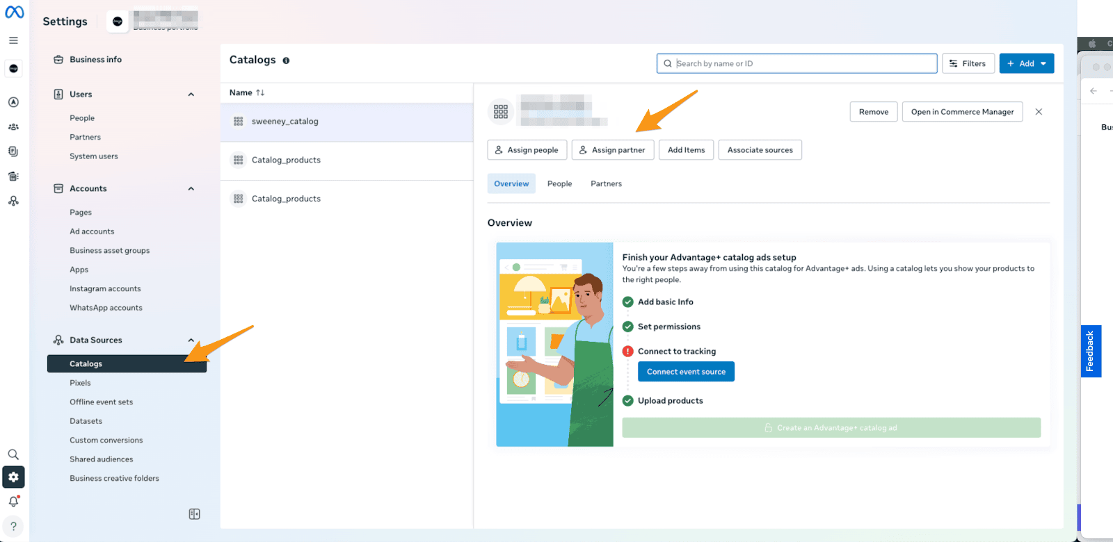 Página "Catalogs" da Meta com uma seta apontando para o botão "Assign partner" do catálogo chamado "sweeney_catalog".