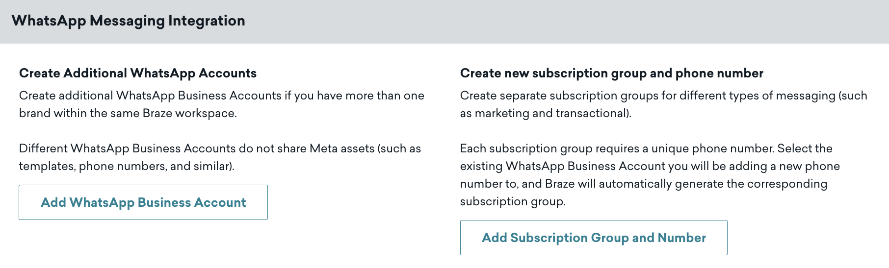 Seção Integração de envio de mensagens do WhatsApp com opções para adicionar uma conta comercial ou adicionar um grupo de inscrições e um número.