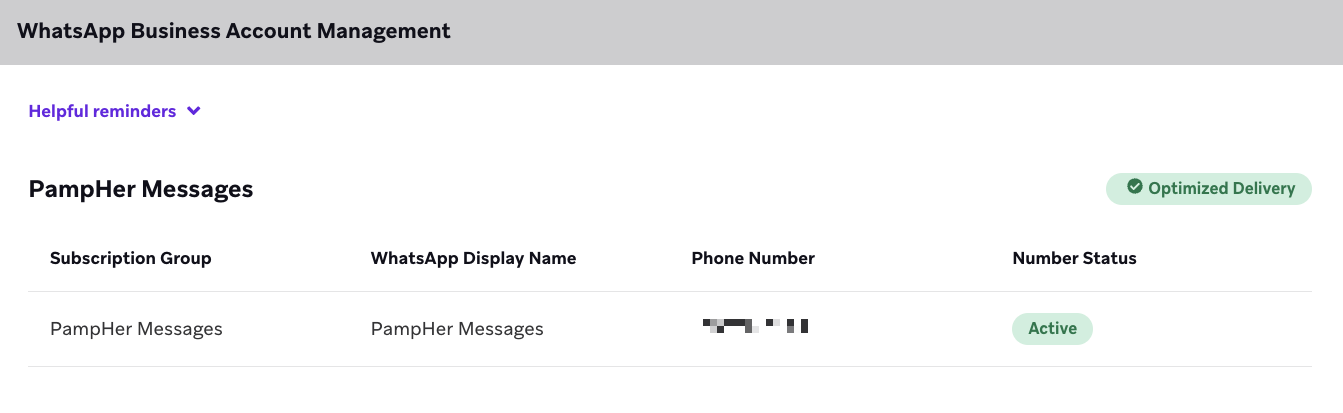 Seção Gerenciamento de contas do WhatsApp Business com um grupo de inscrições listado que tenha um status de número Ativo.